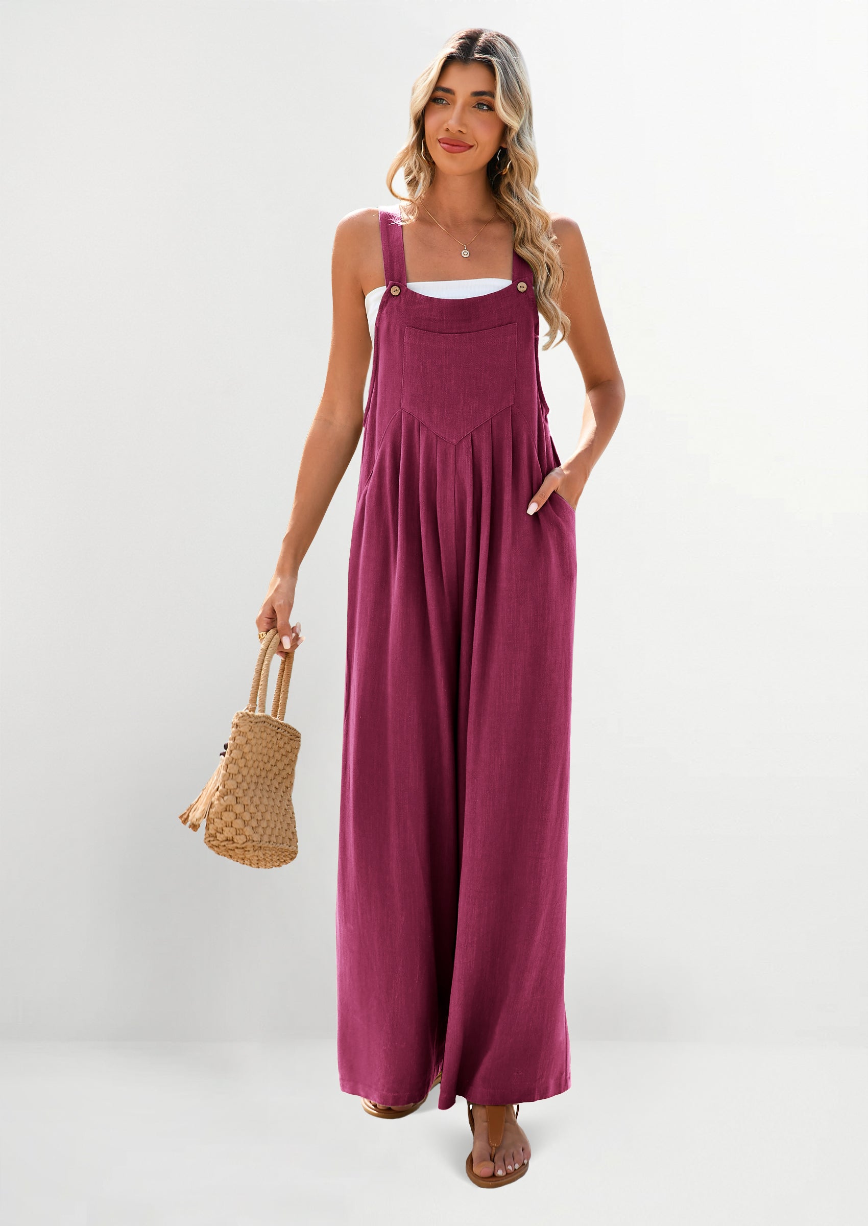 PRETTYGARDEN Women's Bib Overalls Casual Summer Sleeveless Strap Loose Wide Leg Jumpsuits with Pockets