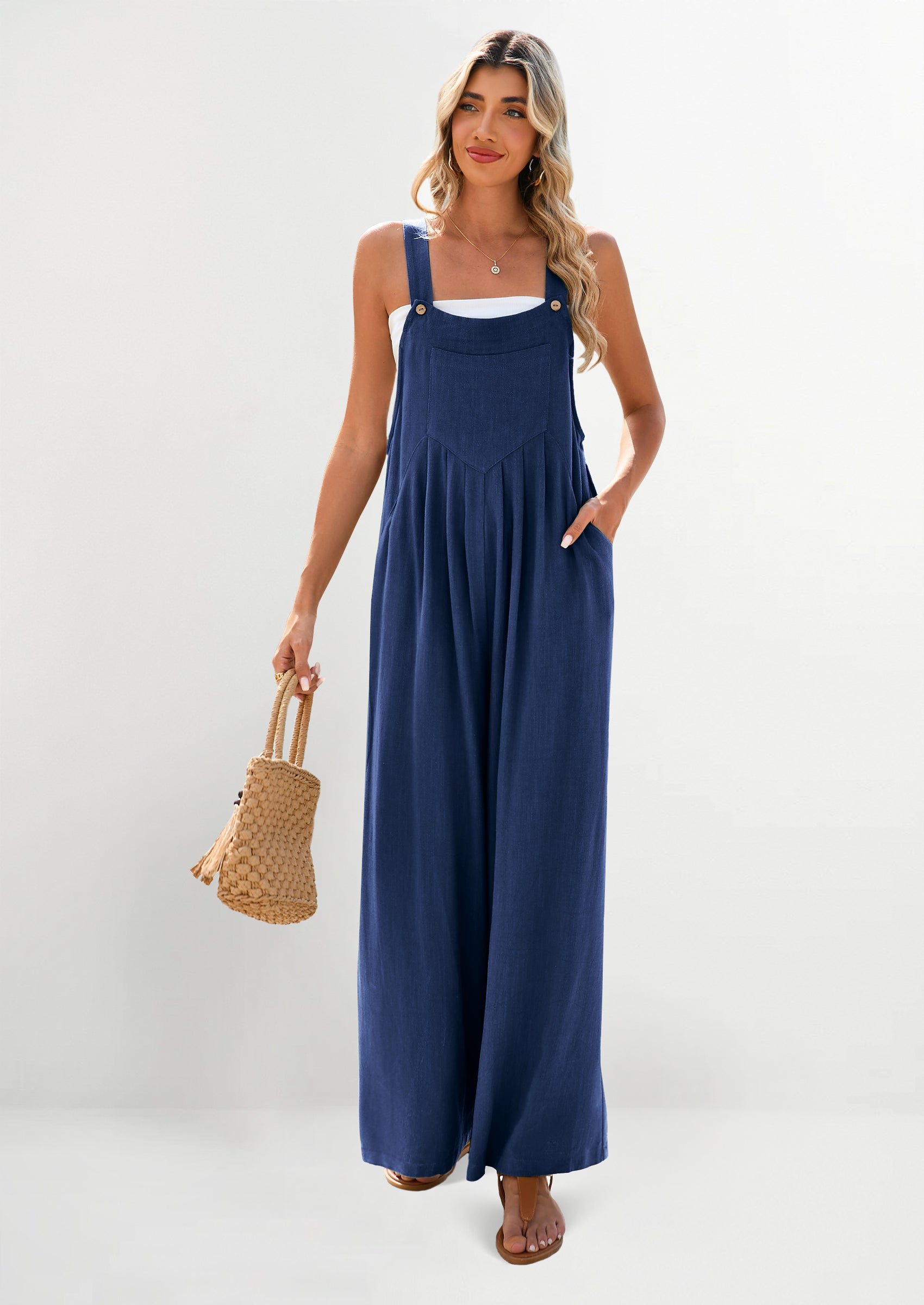 PRETTYGARDEN Women's Bib Overalls Casual Summer Sleeveless Strap Loose Wide Leg Jumpsuits with Pockets