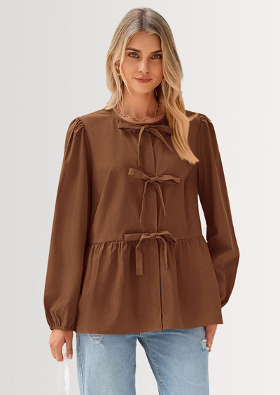 PRETTYGARDEN Women's Spring Fall Babydoll Peplum Blouse Shirt Puff Long Sleeve Bow Tie Front Trendy Cute Y2K Going Out Tops