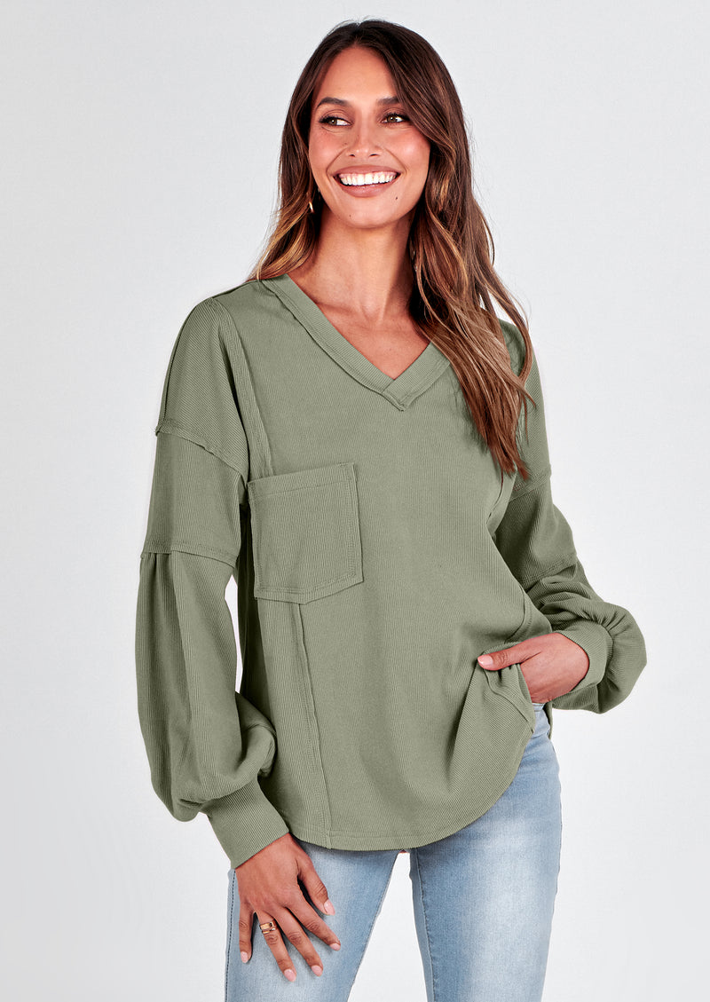 BTFBM Women's Ribbed Long Sleeve Tops Summer Spring Pullover Knit Casual V Neck Blouses Trendy Loose Fit Tunic Top