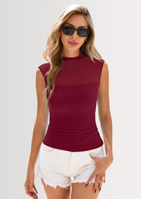 PRETTYGARDEN Women's Summer Sheer Mesh Tank Tops Trendy Casual Sleeveless Mock Neck Ruched Slim Fitted Going Out Shirts