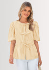 PRETTYGARDEN Women's Tie Front Striped Shirt Summer Trendy Fashion Cute Babydoll Tops Peplum Puffy Sleeve Blouse