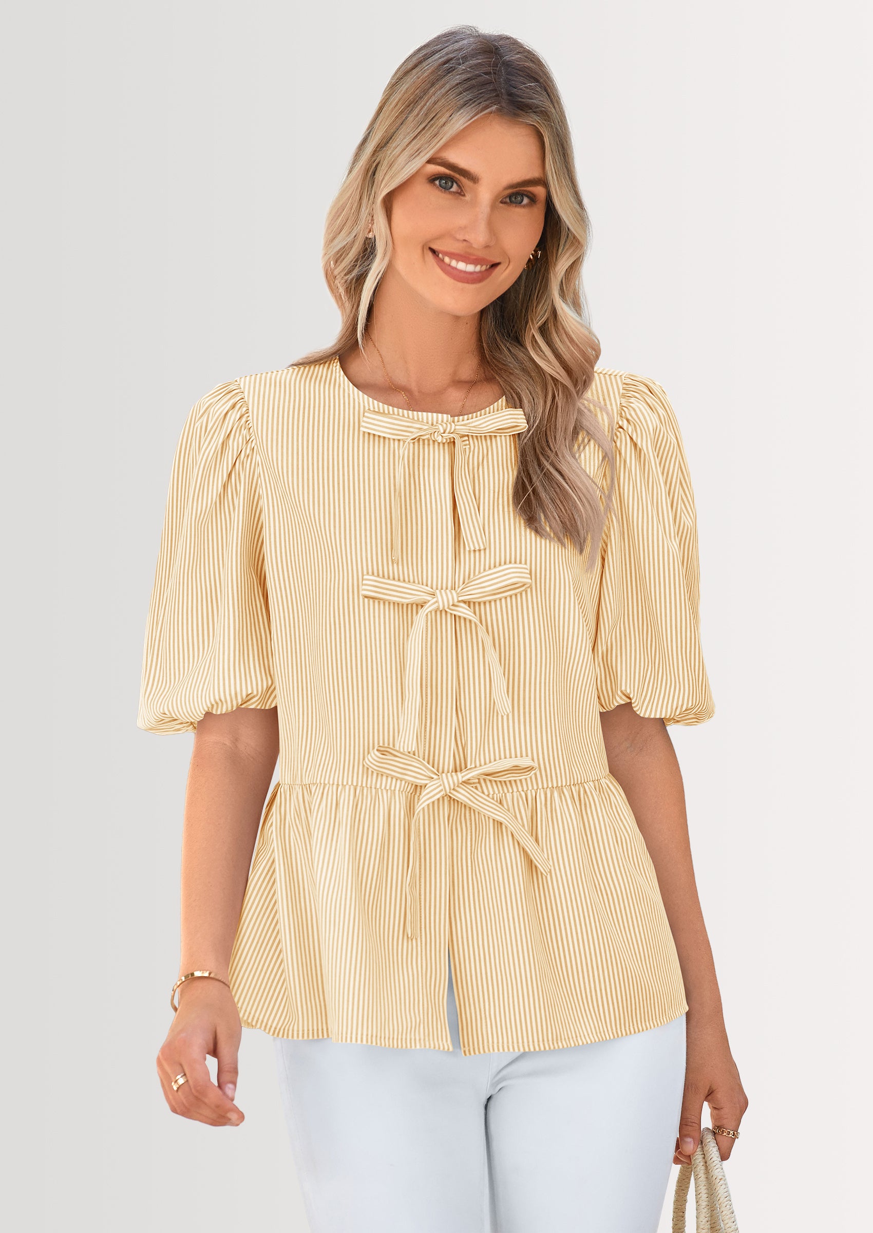 PRETTYGARDEN Women's Tie Front Striped Shirt Summer Trendy Fashion Cute Babydoll Tops Peplum Puffy Sleeve Blouse