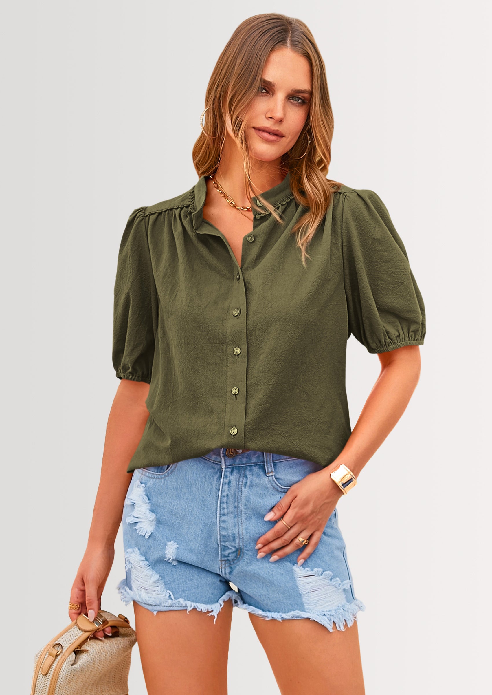 PRETTYGARDEN Women's Summer Tops Button Down Shirts Short Lantern Sleeve V Neck Cotton Cute Dressy Casual Blouses