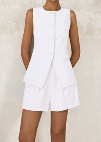 Casual Trendy Button Down Vest Tops High Waisted Shorts Business Two Piece Sets
