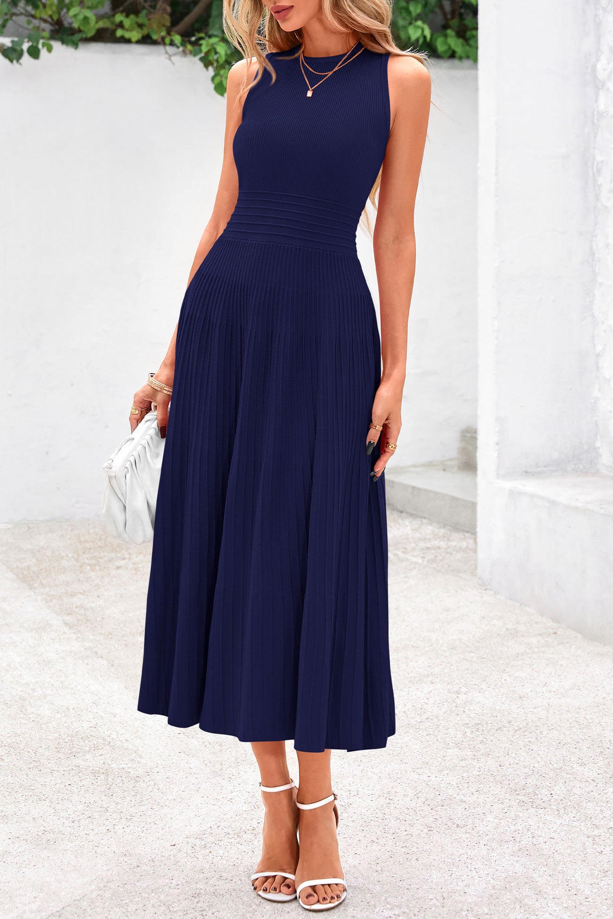 Sleeveless Crew Neck Knit A Line Pleated Swing Wedding Guest Casual Midi Dresses