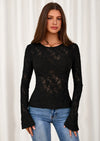 PRETTYGARDEN Womens Lace Long Bell Sleeve Tops Fall Sexy See Through Sheer Floral Blouse Shirt Fitted Going Out Outfits