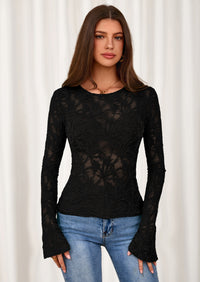 PRETTYGARDEN Womens Lace Long Bell Sleeve Tops Fall Sexy See Through Sheer Floral Blouse Shirt Fitted Going Out Outfits