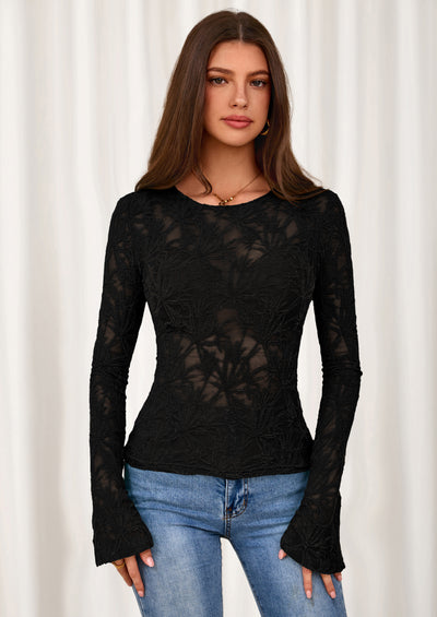 PRETTYGARDEN Womens Lace Long Bell Sleeve Tops Fall Sexy See Through Sheer Floral Blouse Shirt Fitted Going Out Outfits