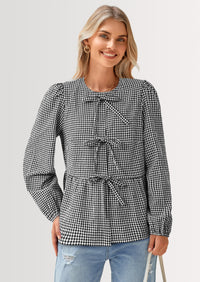 PRETTYGARDEN Women's Spring Fall Babydoll Peplum Blouse Shirt Puff Long Sleeve Bow Tie Front Trendy Cute Y2K Going Out Tops
