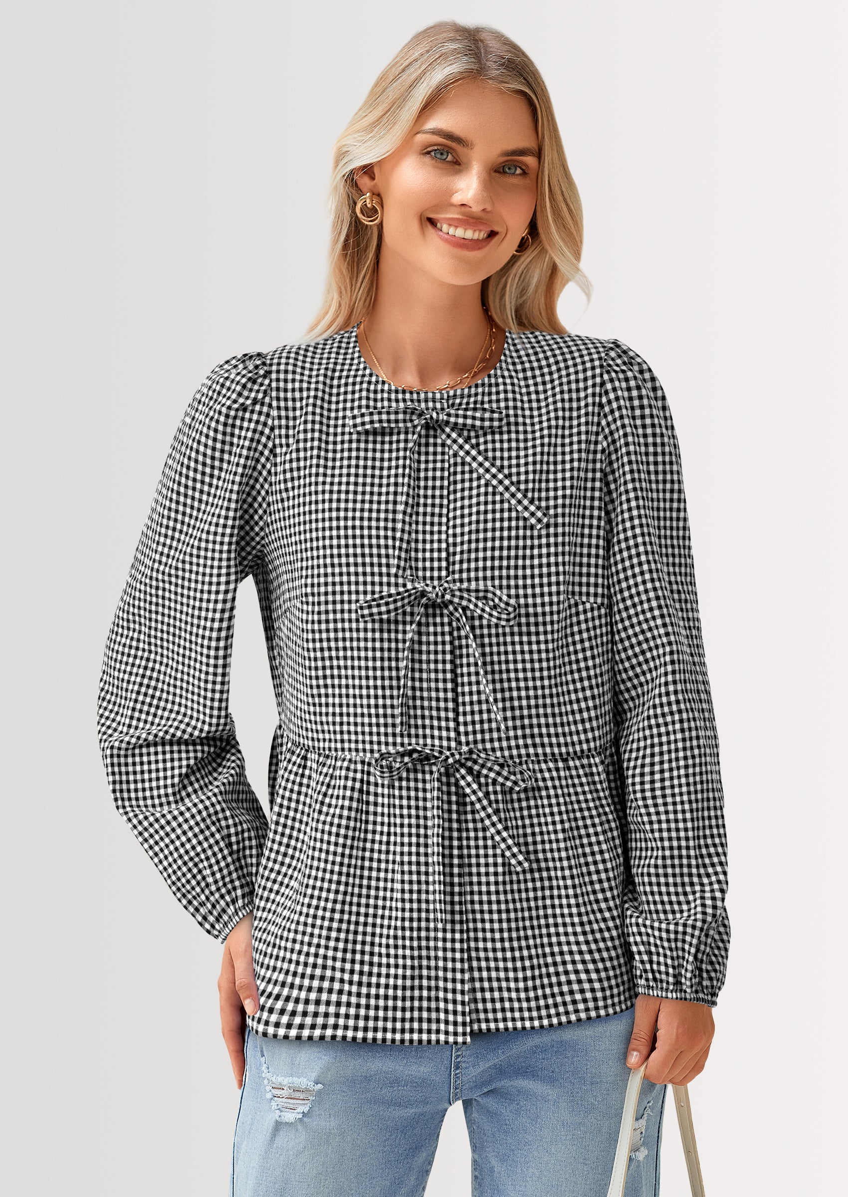 PRETTYGARDEN Women's Spring Fall Babydoll Peplum Blouse Shirt Puff Long Sleeve Bow Tie Front Trendy Cute Y2K Going Out Tops