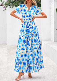 Boho Floral Short Sleeve V Neck A Line Tiered Ruffle Flowy Long Beach Vacation Maxi Dresses