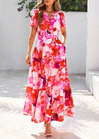 Boho Floral Short Sleeve V Neck A Line Tiered Ruffle Flowy Long Beach Vacation Maxi Dresses