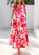 Boho Floral Short Sleeve V Neck A Line Tiered Ruffle Flowy Long Beach Vacation Maxi Dresses