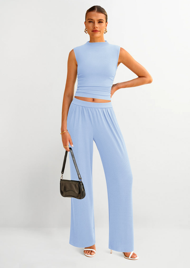 PRETTYGARDEN 2 Piece Sets for Women Summer Airport Travel Outfits Crop Tank Tops Wide Leg Pants Matching Lounge Sets