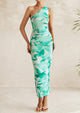 One Shoulder Bodycon Printed Ruched Mesh Party Cocktail Fitted Long Dress