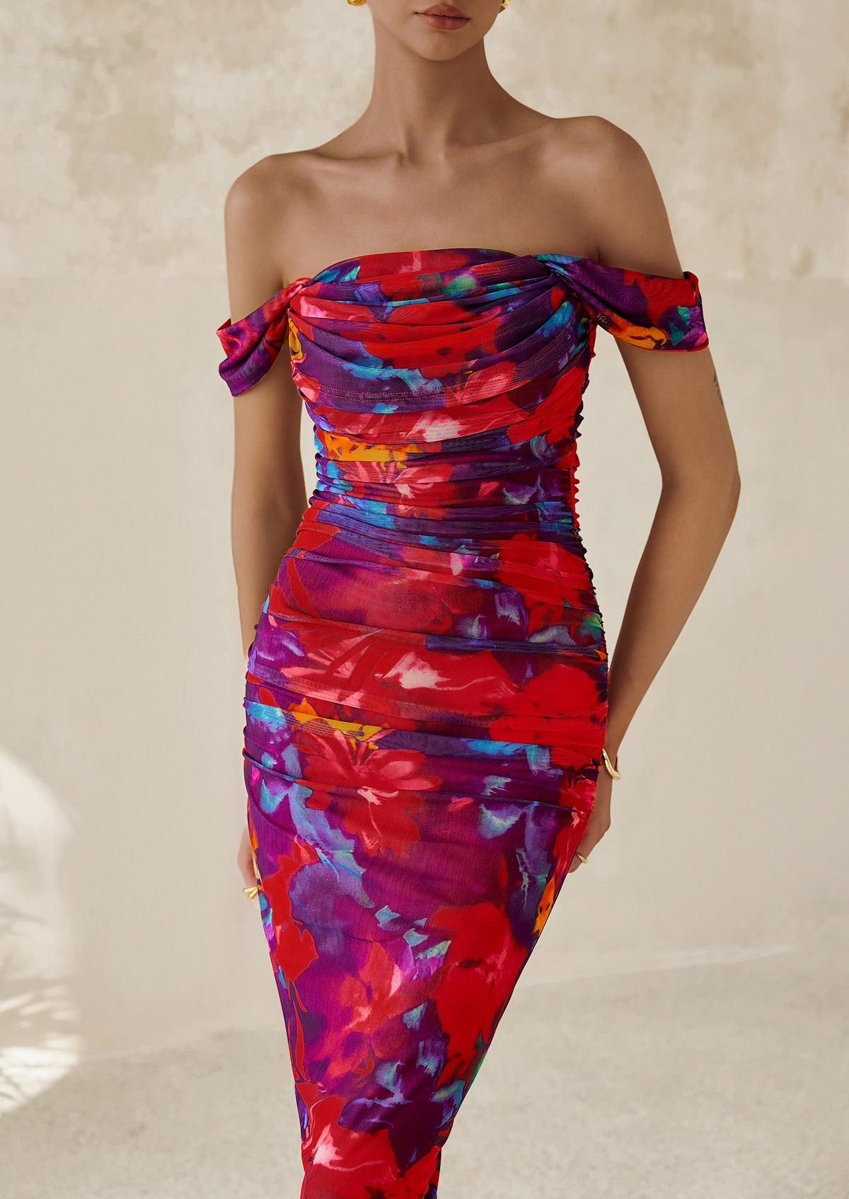 Ruched Bodycon Off Shoulder Floral Mesh Cocktail Party Fitted Maxi Dress