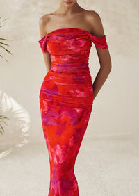 Ruched Bodycon Off Shoulder Floral Mesh Cocktail Party Fitted Maxi Dress