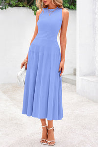 Sleeveless Crew Neck Knit A Line Pleated Swing Wedding Guest Casual Midi Dresses