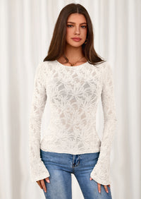 PRETTYGARDEN Womens Lace Long Bell Sleeve Tops Fall Sexy See Through Sheer Floral Blouse Shirt Fitted Going Out Outfits