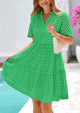 Short Sleeve V Neck Hollow Out Eyelet Ruffle A Line Swing Mini Dress