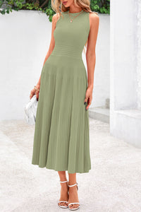 Sleeveless Crew Neck Knit A Line Pleated Swing Wedding Guest Casual Midi Dresses
