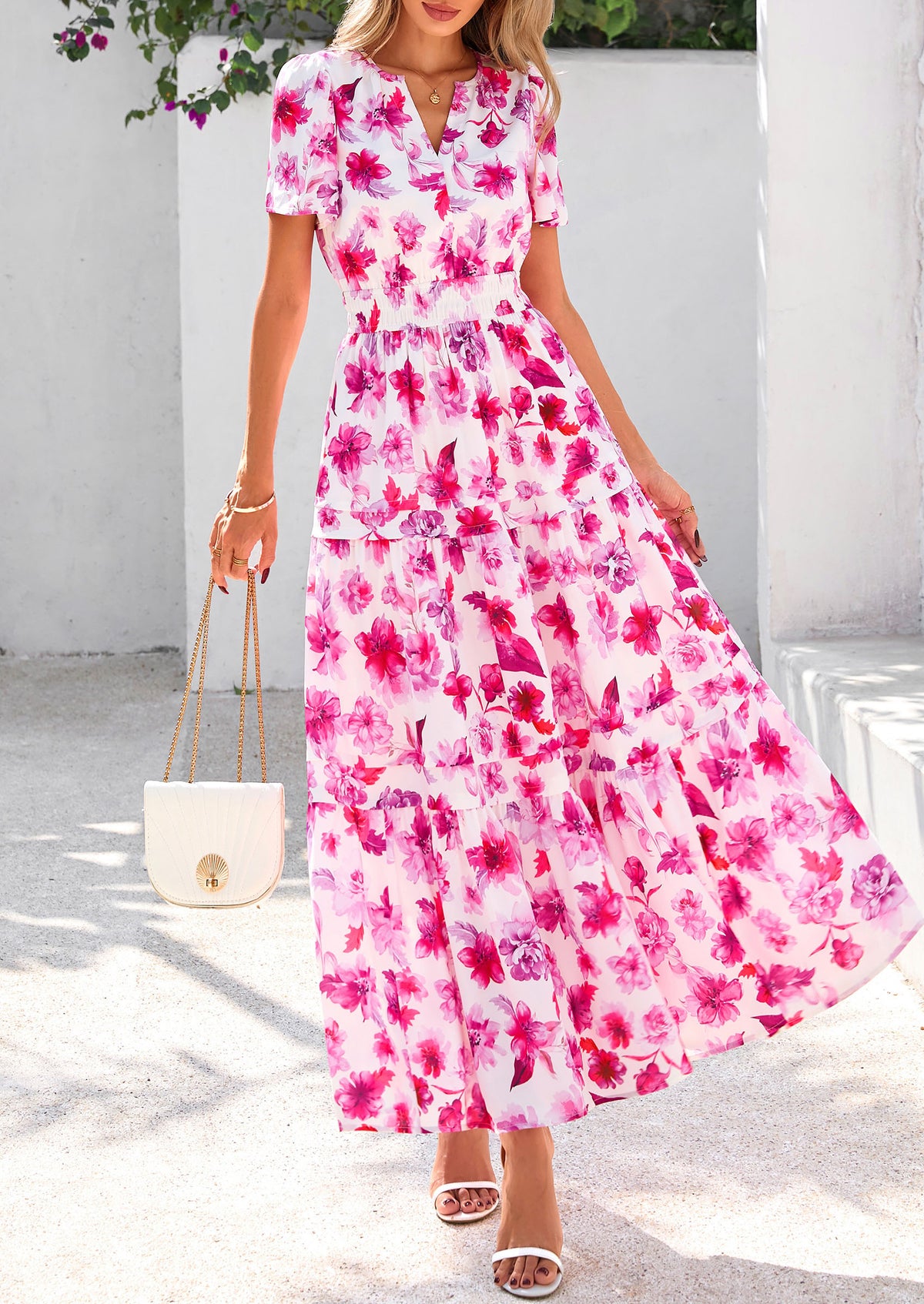 Boho Floral Short Sleeve V Neck A Line Tiered Ruffle Flowy Long Beach Vacation Maxi Dresses