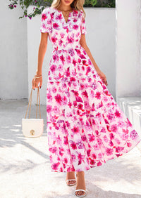 Boho Floral Short Sleeve V Neck A Line Tiered Ruffle Flowy Long Beach Vacation Maxi Dresses