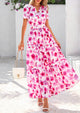 Boho Floral Short Sleeve V Neck A Line Tiered Ruffle Flowy Long Beach Vacation Maxi Dresses