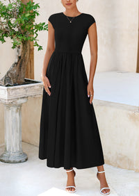 Casual Cap Sleeve Patchwork A Line Flowy Elegant Homecoming Maxi Dress