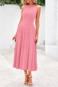 Sleeveless Crew Neck Knit A Line Pleated Swing Wedding Guest Casual Midi Dresses