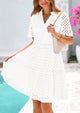 Short Sleeve V Neck Hollow Out Eyelet Ruffle A Line Swing Mini Dress