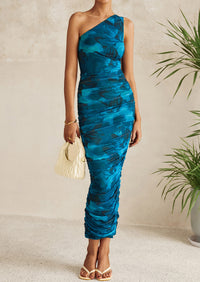 One Shoulder Bodycon Printed Ruched Mesh Party Cocktail Fitted Long Dress