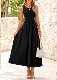 Casual Sleeveless Striped Ribbed Knit Long Dresses Beach Vacation Sundress