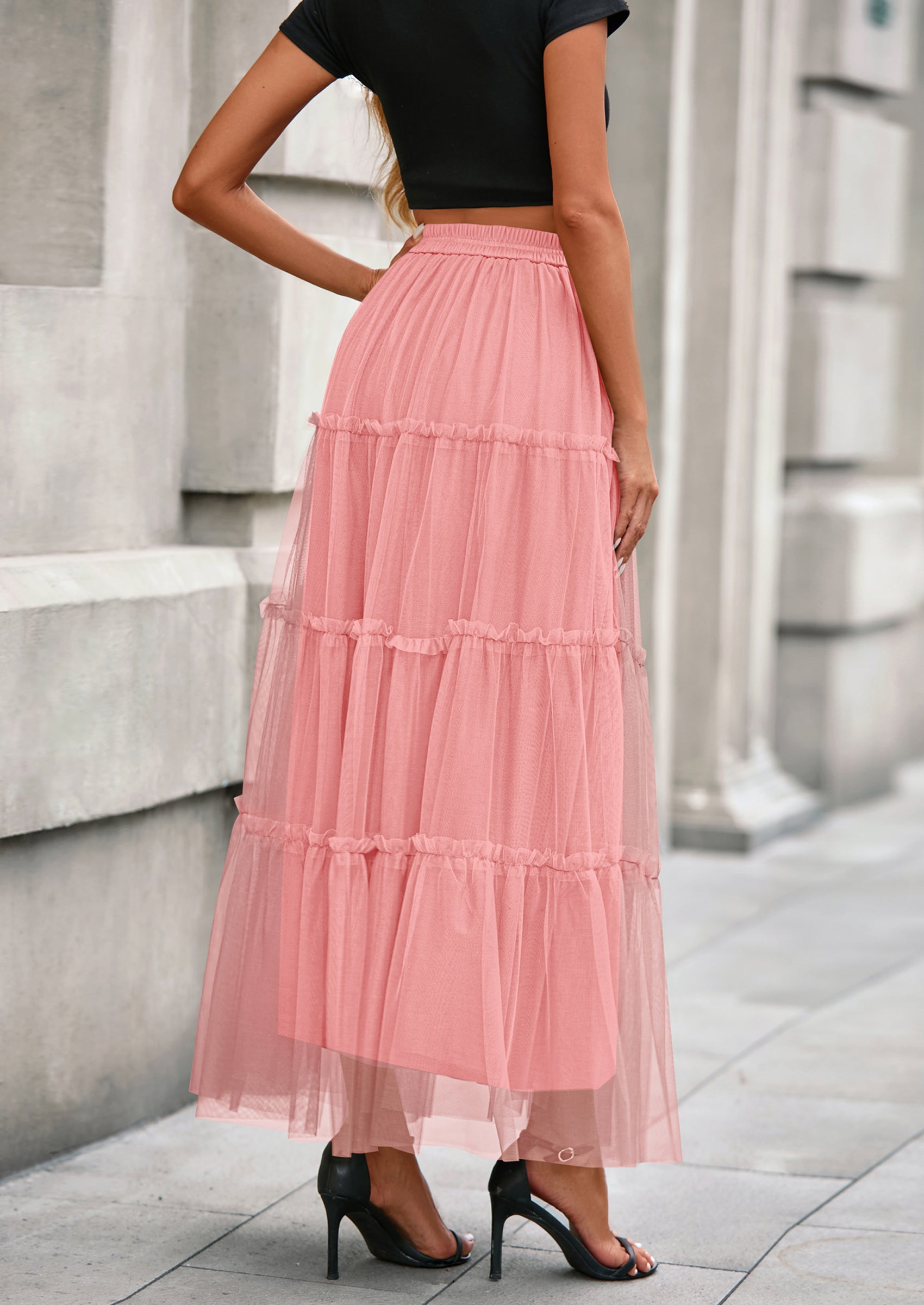 PRETTYGARDEN Maxi Skirts for Women Fall Tulle High Waisted Ruffle Flowy A-Line Long Skirt Country Concert Outfits
