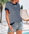 PRETTYGARDEN Womens Short Sleeve Sweater Spring Summer Round Neck Striped Pullover Cap Sleeve Knit Sweater Vest Tops