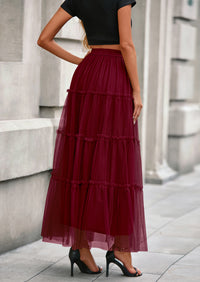 PRETTYGARDEN Maxi Skirts for Women Fall Tulle High Waisted Ruffle Flowy A-Line Long Skirt Country Concert Outfits