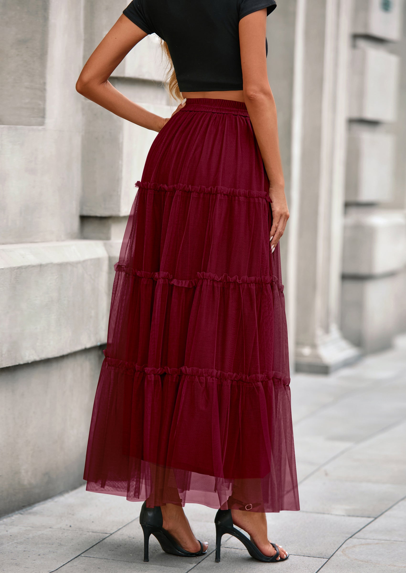 PRETTYGARDEN Maxi Skirts for Women Fall Tulle High Waisted Ruffle Flowy A-Line Long Skirt Country Concert Outfits
