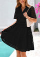 Short Sleeve V Neck Hollow Out Eyelet Ruffle A Line Swing Mini Dress