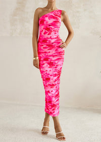 One Shoulder Bodycon Printed Ruched Mesh Party Cocktail Fitted Long Dress