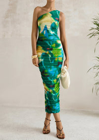 One Shoulder Bodycon Printed Ruched Mesh Party Cocktail Fitted Long Dress