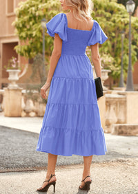 Casual Short Sleeved Square Neck Layered Pleated Dress