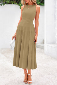 Sleeveless Crew Neck Knit A Line Pleated Swing Wedding Guest Casual Midi Dresses