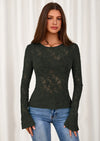 PRETTYGARDEN Womens Lace Long Bell Sleeve Tops Fall Sexy See Through Sheer Floral Blouse Shirt Fitted Going Out Outfits