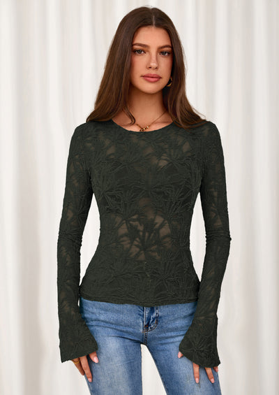 PRETTYGARDEN Womens Lace Long Bell Sleeve Tops Fall Sexy See Through Sheer Floral Blouse Shirt Fitted Going Out Outfits