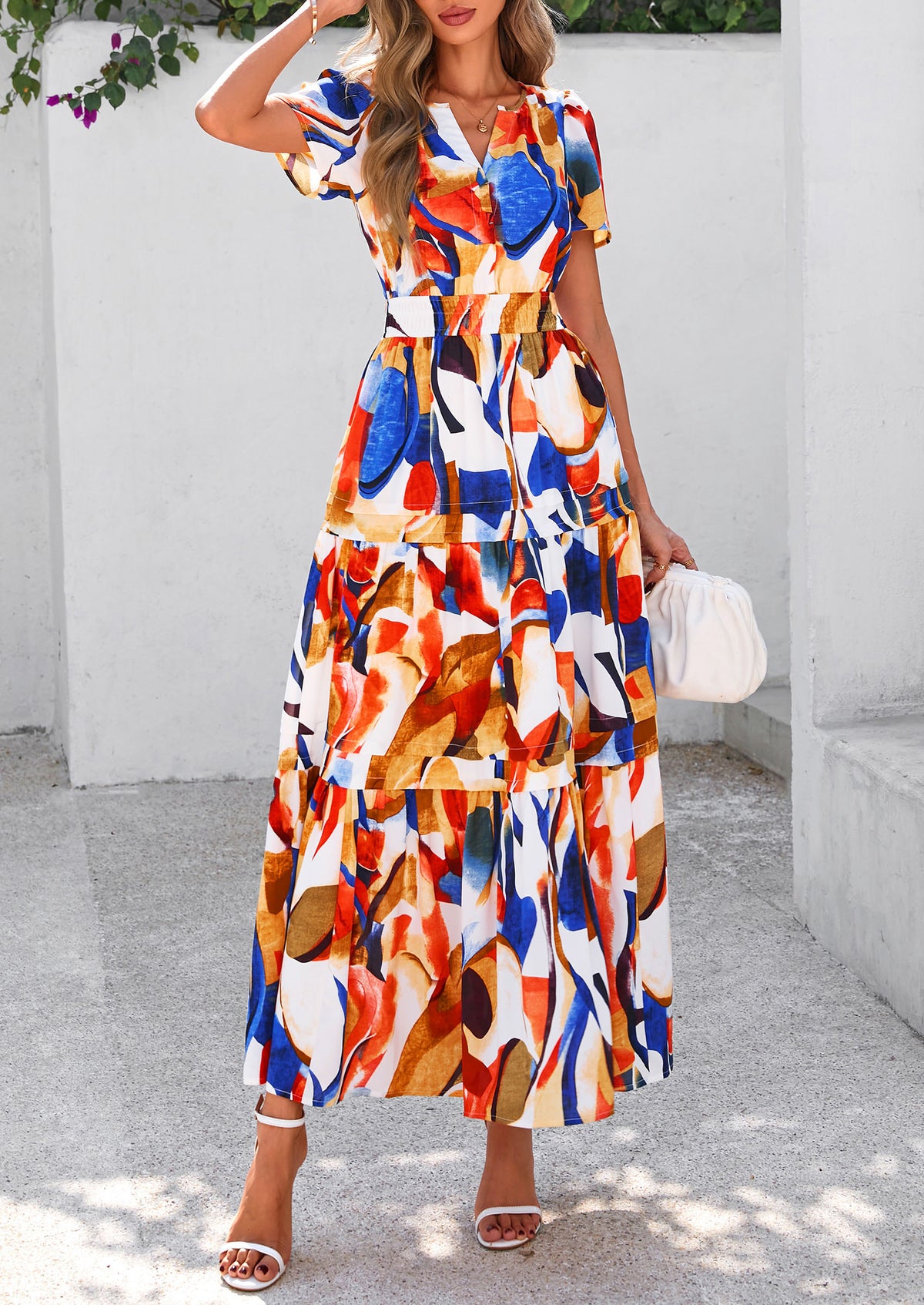 Boho Floral Short Sleeve V Neck A Line Tiered Ruffle Flowy Long Beach Vacation Maxi Dresses