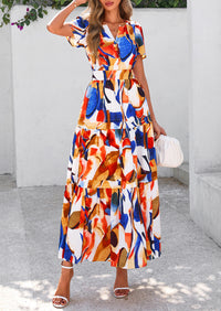 Boho Floral Short Sleeve V Neck A Line Tiered Ruffle Flowy Long Beach Vacation Maxi Dresses