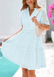 Short Sleeve V Neck Hollow Out Eyelet Ruffle A Line Swing Mini Dress
