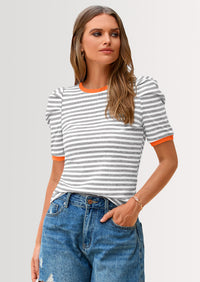 PRETTYGARDEN Women's Summer Puff Sleeve Tops Casual Ribbed Knit Crop Top Color Block Trendy Crewneck Striped Shirts