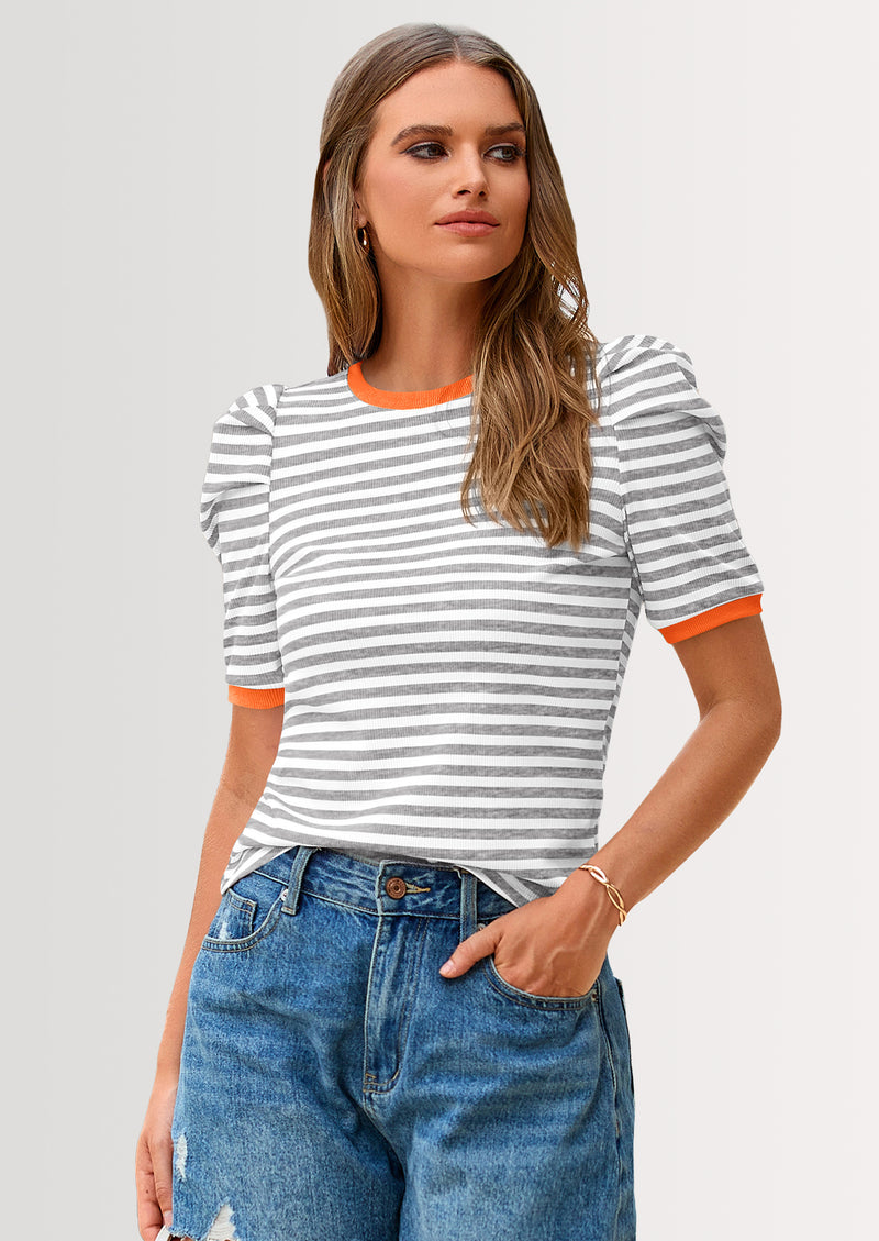 PRETTYGARDEN Women's Summer Puff Sleeve Tops Casual Ribbed Knit Crop Top Color Block Trendy Crewneck Striped Shirts